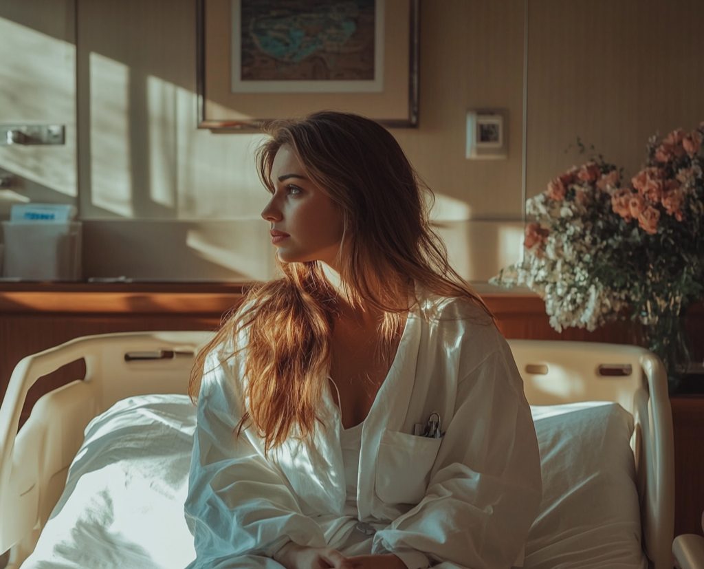 Kobieta pogrążona w żałobie na szpitalnym łóżku | Źródło: Midjourney