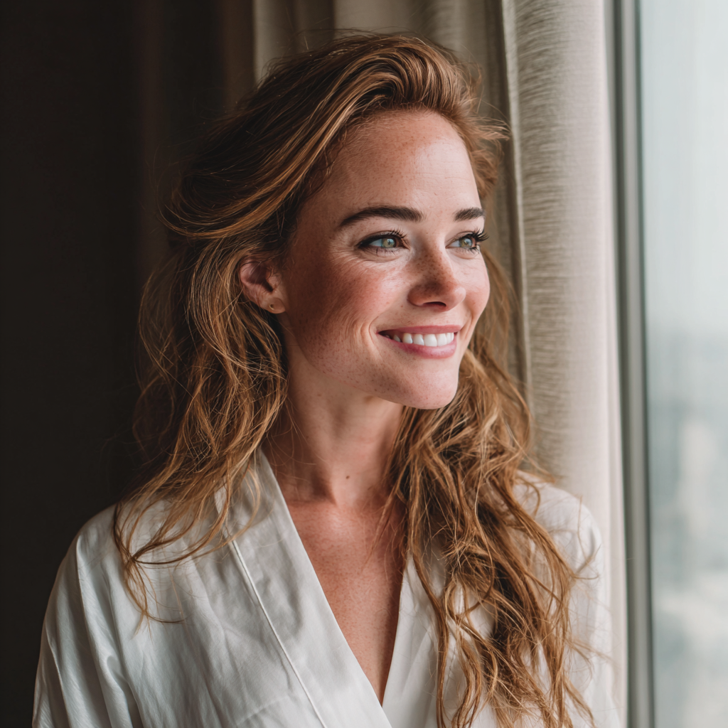 Szczęśliwa panna młoda w białym szlafroku | Źródło: Midjourney