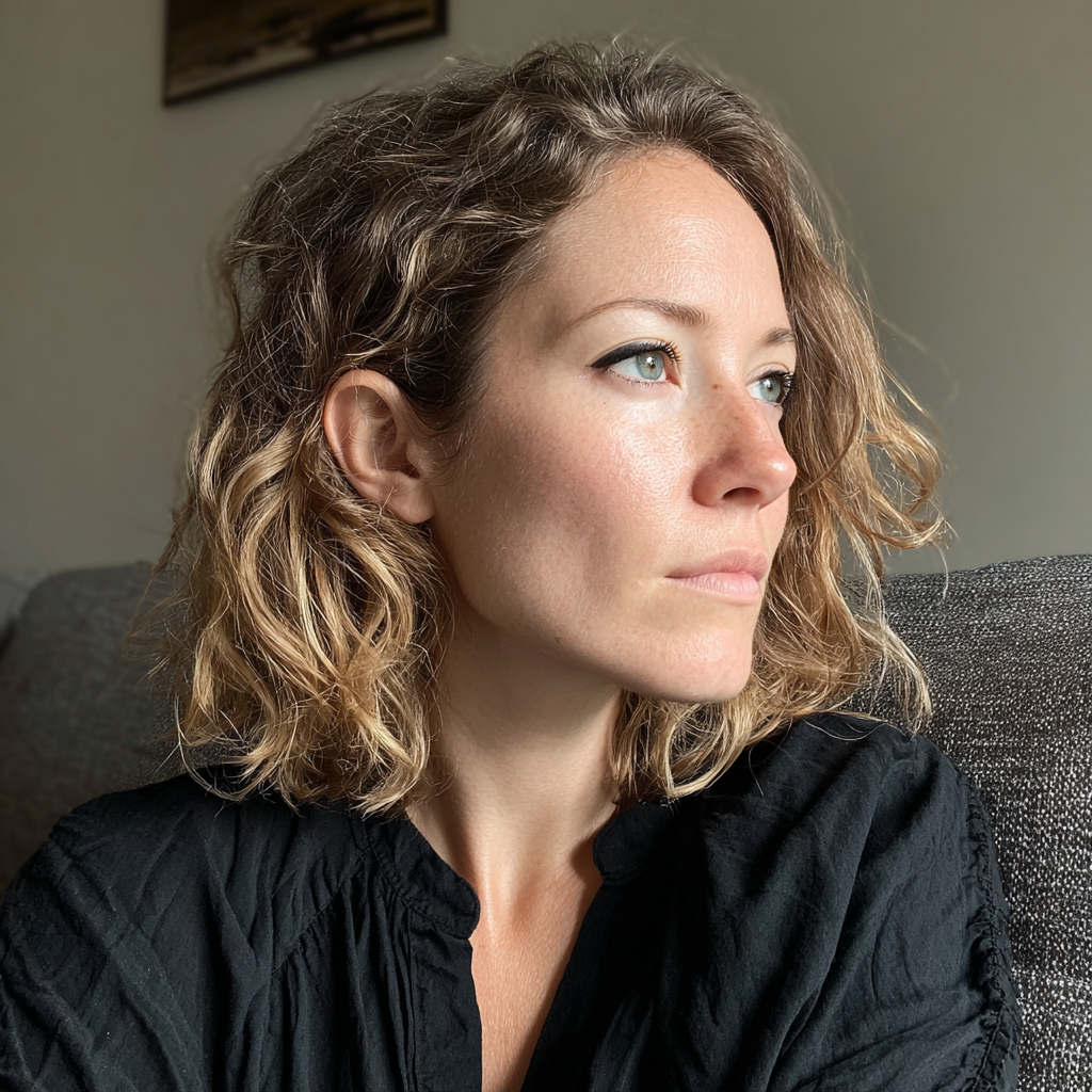 Zamyślona kobieta siedząca na kanapie | Źródło: Midjourney