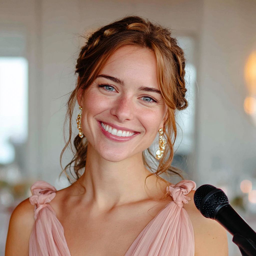 Uśmiechnięta kobieta stojąca z mikrofonem | Źródło: Midjourney