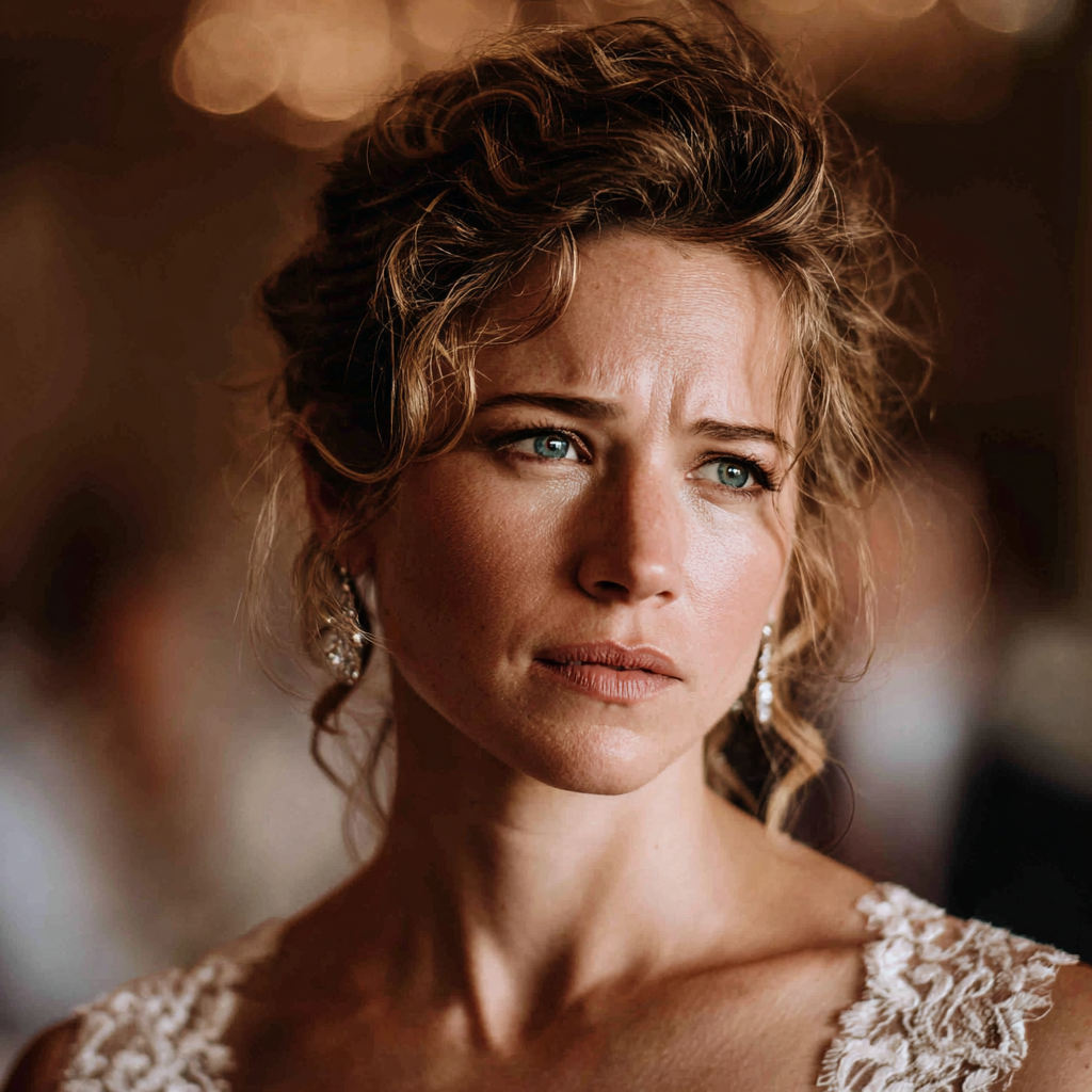 Zbliżenie na zmartwioną i zatroskaną pannę młodą | Źródło: Midjourney