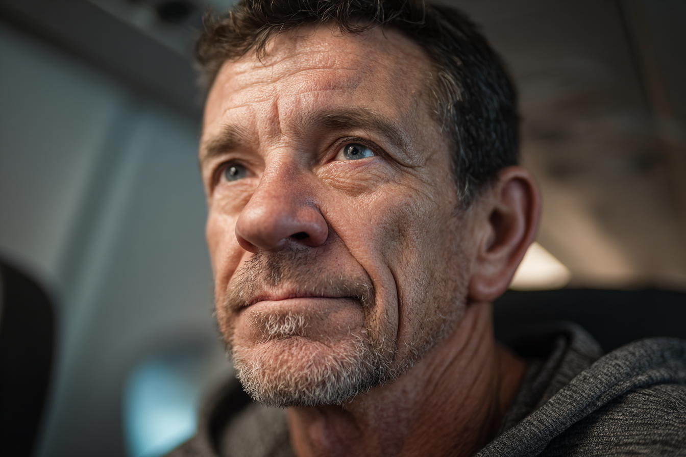 Starszy mężczyzna siedzący w samolocie | Źródło: Midjourney