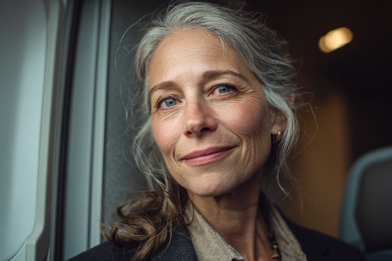 Starsza kobieta stojąca w samolocie | Źródło: Midjourney