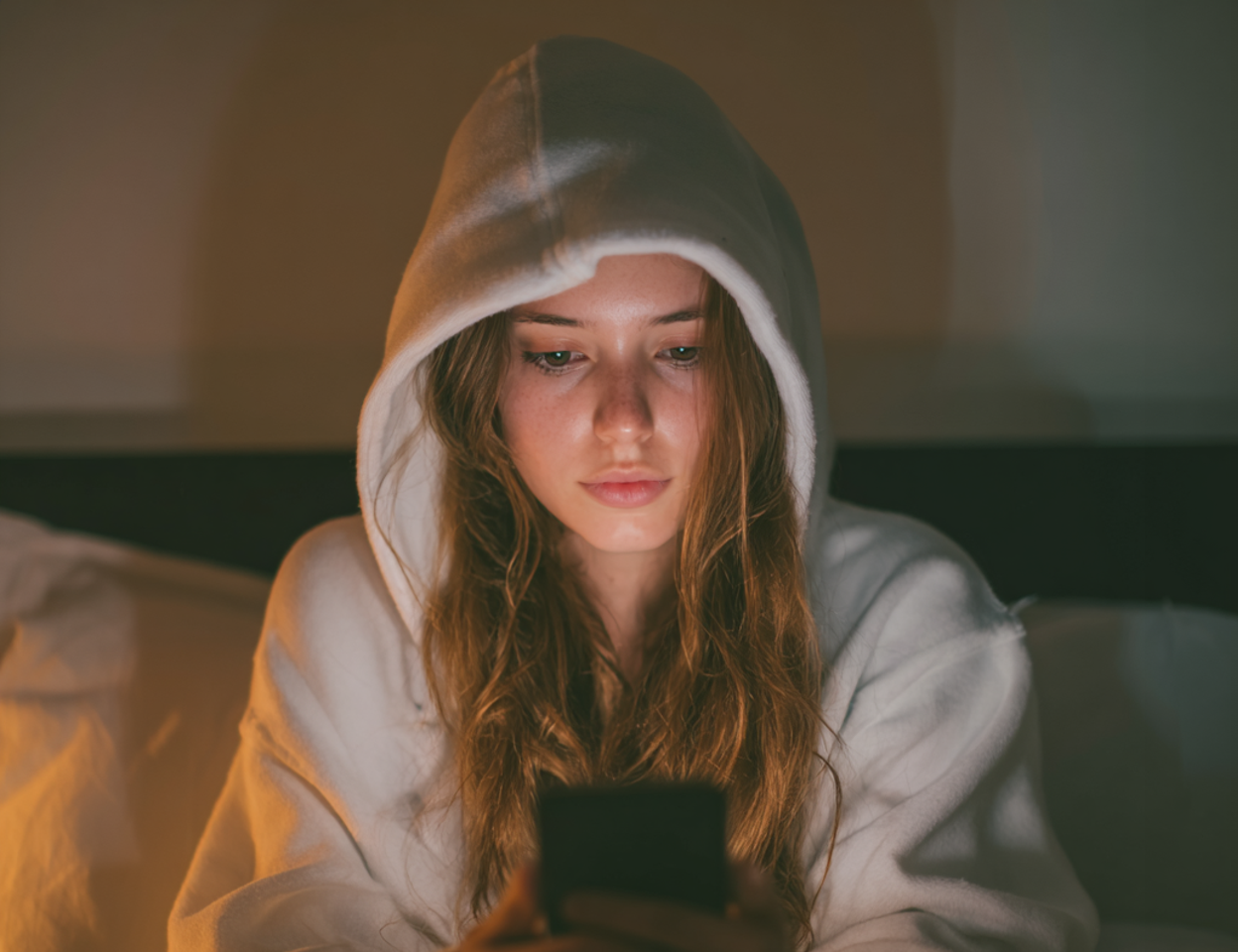 Kobieta siedząca na łóżku i używająca telefonu komórkowego | Źródło: Midjourney