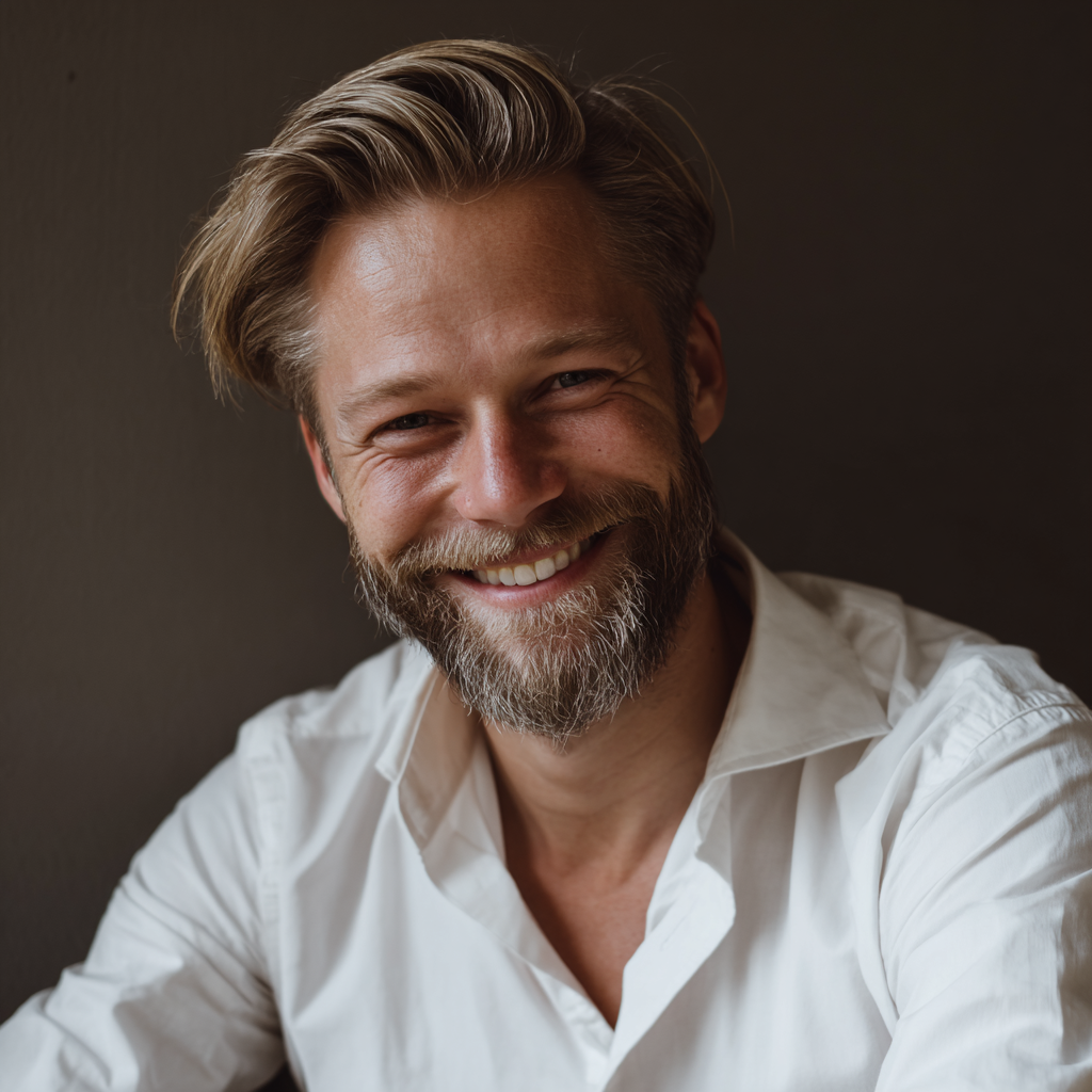 Uśmiechnięty mężczyzna w białej koszuli | Źródło: Midjourney