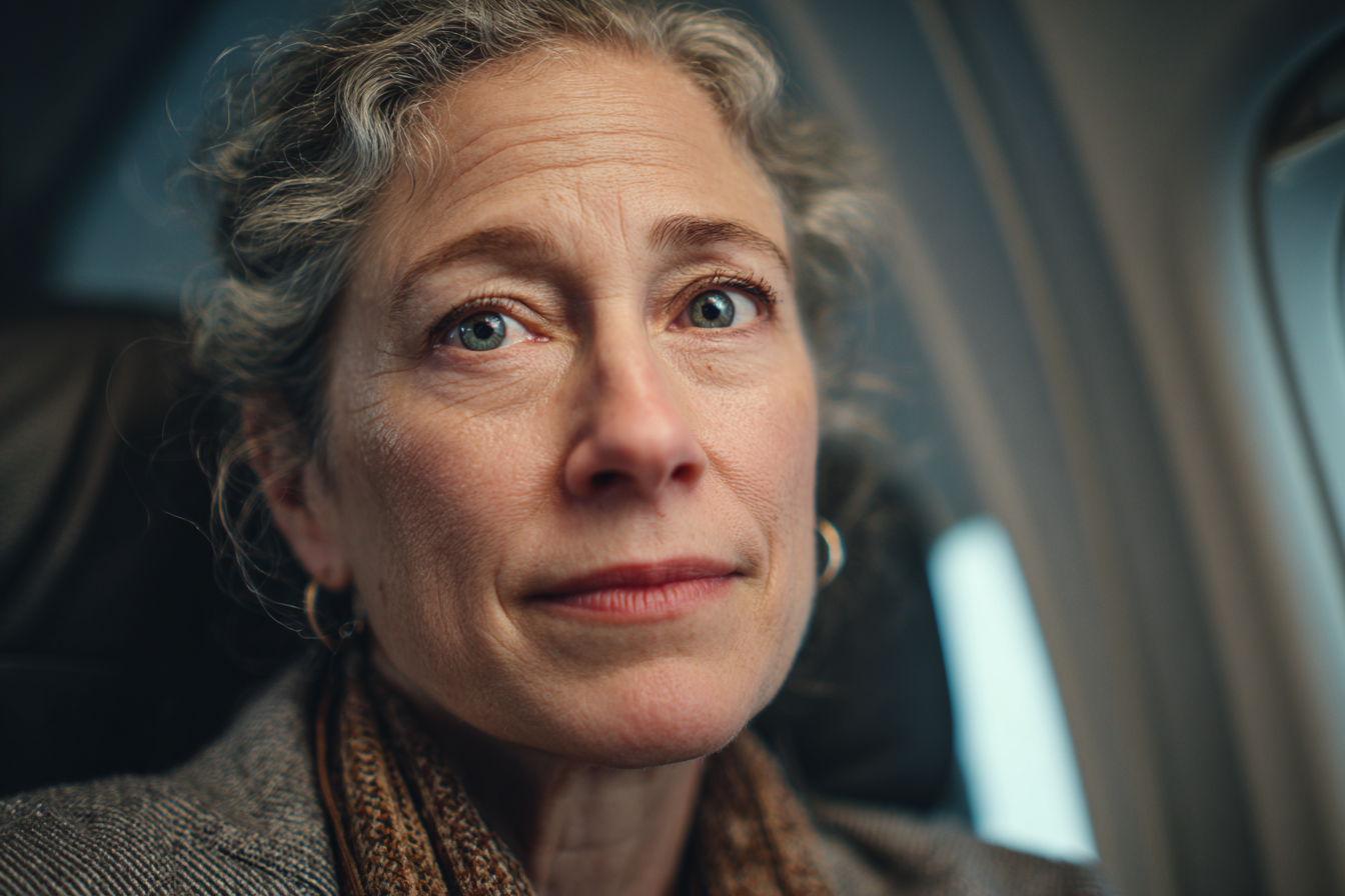 Starsza kobieta siedząca w samolocie | Źródło: Midjourney