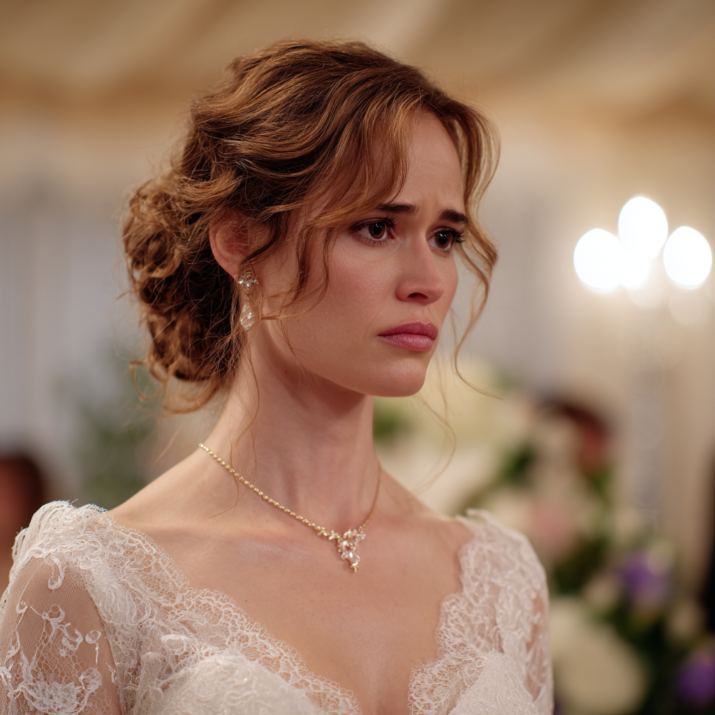 Zbliżenie na pannę młodą z zaciśniętymi brwiami | Źródło: Midjourney